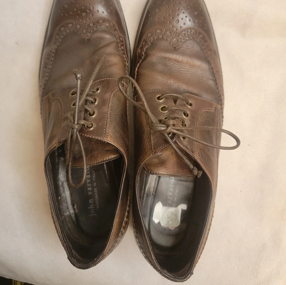 John Varvatos Luxe Leather Wingtip Oxford Shoes Mens 10M Dark Brown Casual Dress